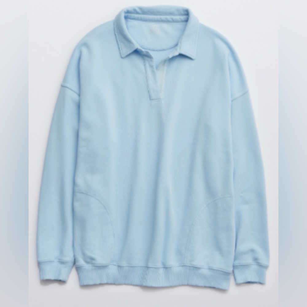 Aerie Happy Henley Everyday Polo Sweatshirt in Blue Breeze - Picture 2 of 7